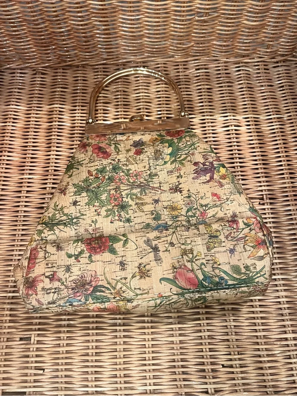 Floral Print Structured Handbag with Gold Handle - Cream Multi